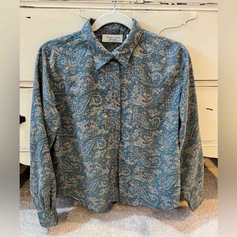 Vintage Blue Paisley Long-Sleeve Button Up Size Petite Medium